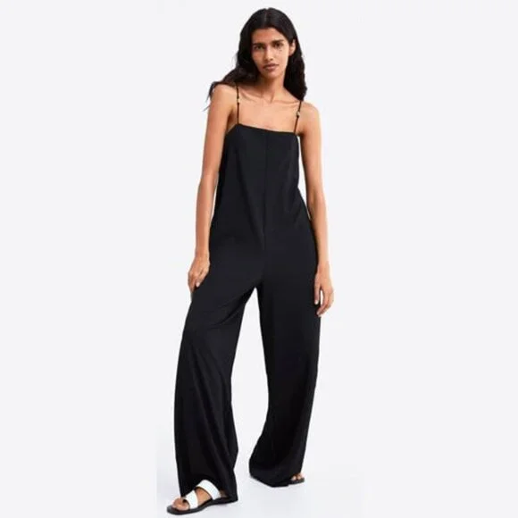 Zara Wide Leg Black Jumpsuit with Silver Beaded Straps | Size Small - Picture 1 of 7